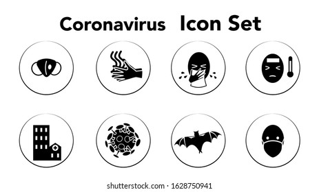 Coronavirus outbreak concept icon : N95 mask protection, hand washing, sneeze and fever, medical care, virus and bat. Symptoms of illness and protection. Vector flat illustration. black and white 