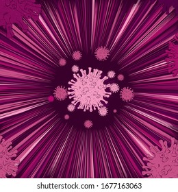 Coronavirus outbreak. COVID 19 outburst. Symbols of coronavirus on blast. Coronavirus epidemic concept design. Coronaviridae 2019-nCov. Vector illustration.