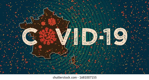Coronavirus outbreak. Covid-19 viral infection. Worldwide spread of Coronaviruses. Country silhouette and lettering with virus cells.