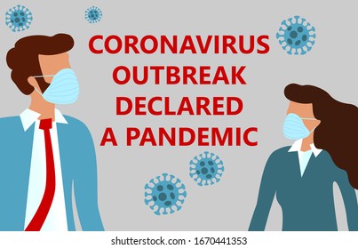 Coronavirus outbreak declared pandemic. Novel corona virus disease COVID-19 (2019-nCoV), woman and man in suit with blue medical face mask