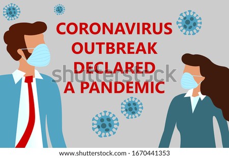 Coronavirus outbreak declared pandemic. Novel corona virus disease COVID-19 (2019-nCoV), woman and man in suit with blue medical face mask