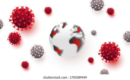 Diseño de brotes de coronavirus con células de virus y tierra sobre fondo blanco. Covid-19.