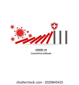 Coronavirus outbreak. domino falling on white background failure concept