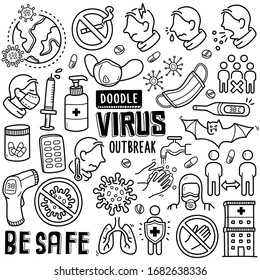 Coronavirus outbreak doodle drawing collection. Elements such as covid-19, coronavirus, prevention, symptom,  etc are included. Hand drawn vector doodle illustrations isolated over white background.