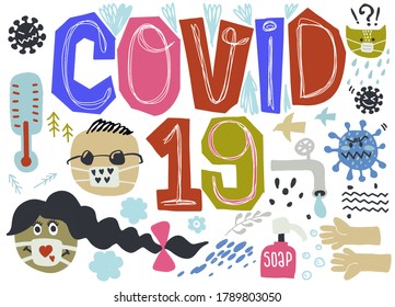 Colección de dibujo de doodles de brotes de coronavirus. Elementos como covid-19, Ilustración vectorial 