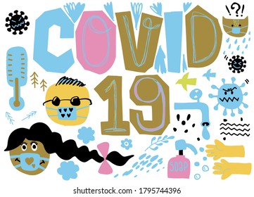 Sammeln von Doodle-Zeichenketten für den Coronavirus-Ausbruch. Elemente wie covid-19, Vektorgrafik 