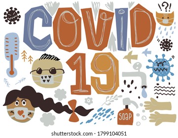 Coronavirus outbreak doodle drawing collection. Elements such as covid-19, Vector Illustration 
