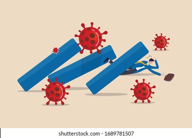 Coronavirus outbreak financial crisis business close down and bankrupt, stock market crash and economic collapse concept, COVID-19 virus pathogen impact bar graph falling and collapse on businessman.