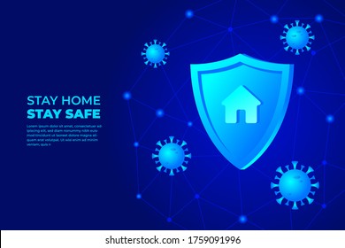 Coronavirus outbreak and coronavirus flu Technology background. Stay home Stay Safe. Illustration of coronavirus COVID-2019 on a blue background. Fight with Covid 19 with shield.