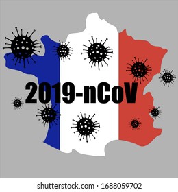 Coronavirus outbreak in France. COVID-19 virus quarantine concept image. Coronavirus disease 2020 situation in France. Isolated map contour.