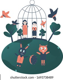 Coronavirus outbreak illustration vector cartoon. Self quarantine at home protect from viruses. The world is getting better. Nature and environment is good. Animal cameout to see the a good placed.