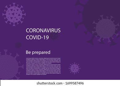 Coronavirus outbreak information banner with line art bacteria cell pattern on dark purple background. Covid-19 novel virus. No Infection and Stop Coronavirus Concept. Vector medical poster design.