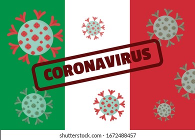 Coronavirus outbreak in Italy. Vector banner of quarantine in Italy. Italian flag and stamp coronavirus. Epidemic alert. Covid-19, 2019-nCoV. Molecule of coronavirus.