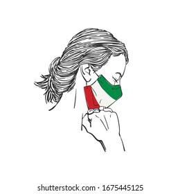 Coronavirus outbreak in Italy, Woman praying for Italy in italian flag color medical mask with fists under chin, eyes closed in hope, Hand drawn illustration vector sketch