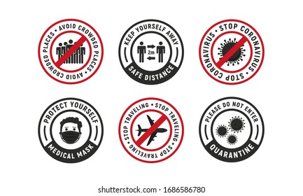 Coronavirus outbreak logos. Novel coronavirus (COVID-19). Coronavirus quarantine sticker set. Flu signs, stickers, badges and logos. Vector illustration