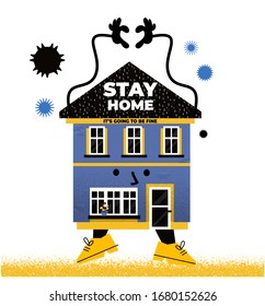 Coronavirus outbreak motivational poster. the big house makes the OK sign. stay at home to stop spreading pandemic and reading books. You save lives - inspirational slogan vector illustration