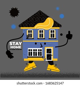 Coronavirus outbreak motivational poster. the big house makes the OK sign. stay at home to stop spreading pandemic and reading books. You save lives - inspirational slogan vector illustration