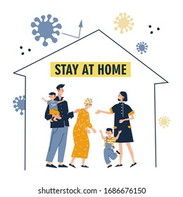 Coronavirus outbreak motivational poster. Stay at home awareness social media campaign and coronavirus prevention: family smiling and staying together.  Flat cartoon vector illustration.