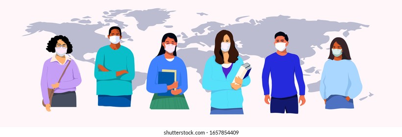   Coronavirus outbreak and pandemic in the world.People wearing medical protective face mask against CoV infection.Vector illustration. 
