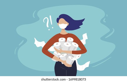 Coronavirus outbreak panic shopping. Woman wearing medical mask with a lot of toilet paper in her hands. Global pandemic vector illustration