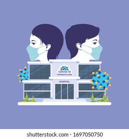 
Coronavirus outbreak and prevention concept. young boy and girl wearing mask with hospital building and coronavirus bacteria illustration, protection from virus. 