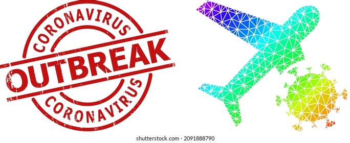 CORONAVIRUS OUTBREAK scratched watermark, and lowpoly rainbow colored infected airplane icon with gradient. Red stamp contains CORONAVIRUS OUTBREAK caption inside round and lines form.