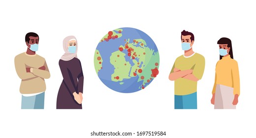 Coronavirus outbreak semi flat RGB color vector illustration. People in surgical masks isolated cartoon character on white background. Covid19 worldwide spread, global pandemic. World on quarantine