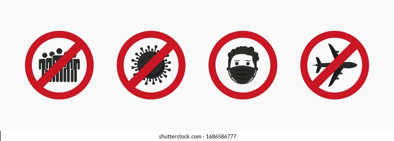 Coronavirus outbreak signs. Novel coronavirus (COVID-19). Coronavirus warning icons. Crowd Places, Bacteria cell, Medical mask, Plane icons. Vector illustration