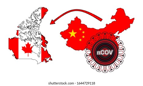 Coronavirus outbreak spreading all over Chine from Wuhan city of China. Coronavirus outbreak spread from China to Canada. Flag highlight within the countr map.