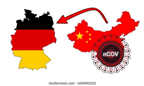 Coronavirus outbreak spreading all over Chine from Wuhan city of China. Coronavirus outbreak spread from China to Germany. Flag highlight within the countr map.