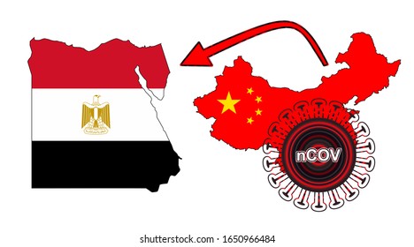 Coronavirus outbreak spreading all over Chine from Wuhan city of China. Coronavirus outbreak spread from China to Egypt. Flag highlight within the countr map.
