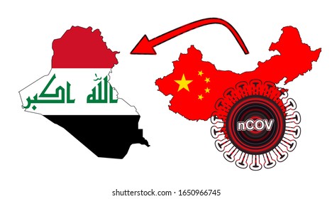 Coronavirus outbreak spreading all over Chine from Wuhan city of China. Coronavirus outbreak spread from China to Iraq. Flag highlight within the countr map.