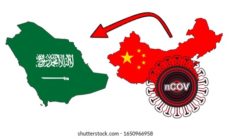 Coronavirus outbreak spreading all over Chine from Wuhan city of China. Coronavirus outbreak spread from China to Saudi Arabia. Flag highlight within the countr map.