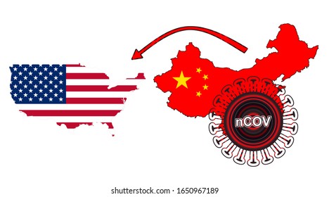 Coronavirus outbreak spreading all over Chine from Wuhan city of China. Coronavirus outbreak spread from China to United States of America. Flag highlight within the countr map.