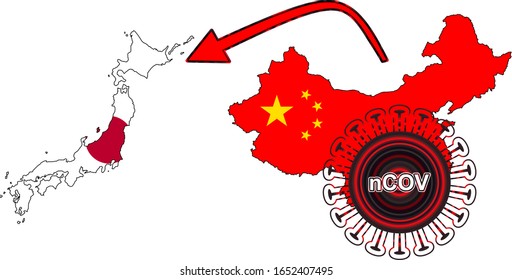 Der Ausbruch von Coronavirus breitete sich über ganz China aus der Stadt Wuhan aus. Der Ausbruch von Coronavirus breitete sich von China nach Japan aus. Flag-Highlight in der Landkarte.