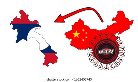 Coronavirus outbreak spreading all over Chine from Wuhan city of China. Coronavirus outbreak spread from China to Laos. Flag highlight within the countr map.