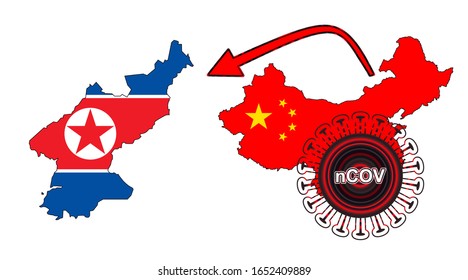 Coronavirus outbreak spreading all over Chine from Wuhan city of China. Coronavirus outbreak spread from China to North Korea. Flag highlight within the countr map.
