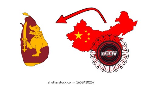Coronavirus outbreak spreading all over Chine from Wuhan city of China. Coronavirus outbreak spread from China to Sri Lanka. Flag highlight within the countr map.