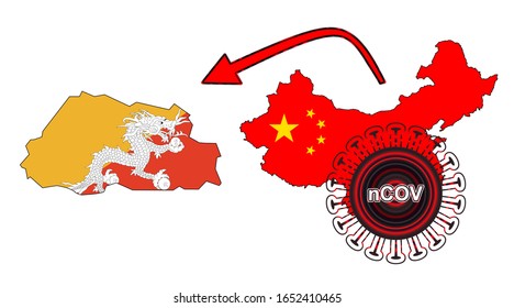 Coronavirus outbreak spreading all over Chine from Wuhan city of China. Coronavirus outbreak spread from China to Bhutan. Flag highlight within the countr map.