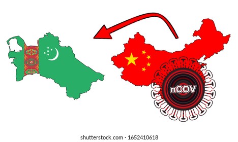 Coronavirus outbreak spreading all over Chine from Wuhan city of China. Coronavirus outbreak spread from China to Turkmenistan. Flag highlight within the countr map.