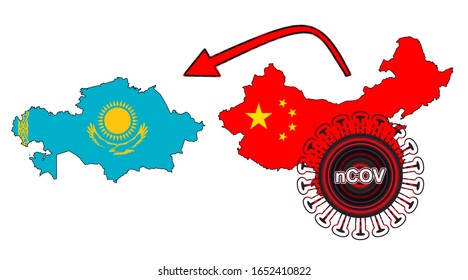 Der Ausbruch von Coronavirus breitete sich über ganz China aus der Stadt Wuhan aus. Der Ausbruch von Coronavirus breitete sich von China nach Kasachstan aus. Flag-Highlight in der Landkarte.