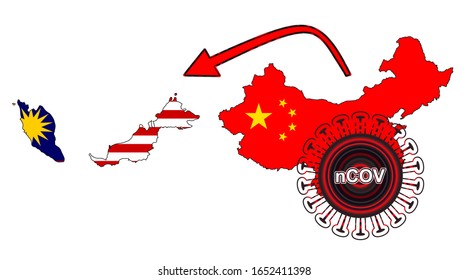 Coronavirus outbreak spreading all over Chine from Wuhan city of China. Coronavirus outbreak spread from China to Malaysia. Flag highlight within the countr map.