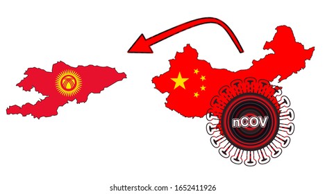 Coronavirus outbreak spreading all over Chine from Wuhan city of China. Coronavirus outbreak spread from China to Kyrgyzstan. Flag highlight within the countr map.