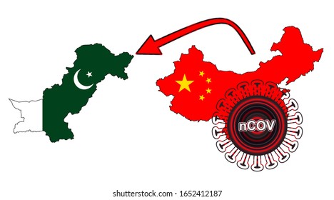 Coronavirus outbreak spreading all over Chine from Wuhan city of China. Coronavirus outbreak spread from China to Pakistan. Flag highlight within the countr map.