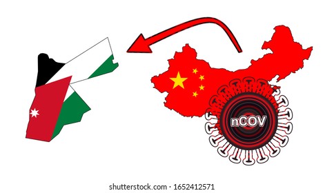 Coronavirus outbreak spreading all over Chine from Wuhan city of China. Coronavirus outbreak spread from China to Jordan. Flag highlight within the countr map.