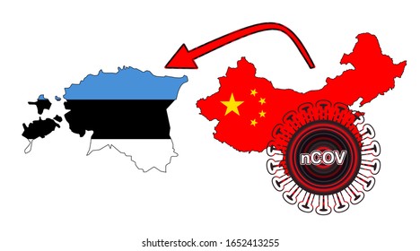 Der Ausbruch von Coronavirus breitete sich über ganz China aus der Stadt Wuhan aus. Der Ausbruch von Coronavirus breitete sich von China nach Estland aus. Flag-Highlight in der Landkarte.