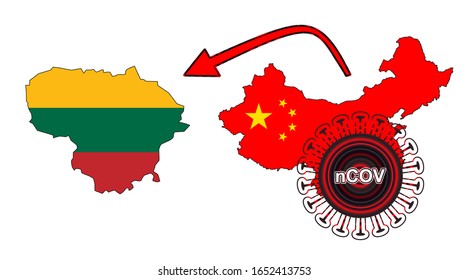 Der Ausbruch von Coronavirus breitete sich über ganz China aus der Stadt Wuhan aus. Der Ausbruch von Coronavirus breitete sich von China nach Litauen aus. Flag-Highlight in der Landkarte.