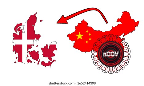 Coronavirus outbreak spreading all over Chine from Wuhan city of China. Coronavirus outbreak spread from China to Denmark. Flag highlight within the countr map.