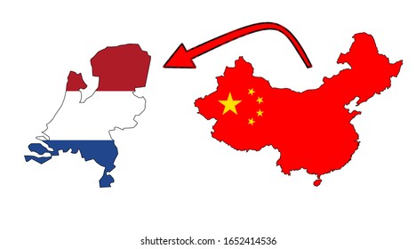 Der Ausbruch von Coronavirus breitete sich über ganz China aus der Stadt Wuhan aus. Der Ausbruch von Coronavirus breitete sich von China auf die Niederlande aus. Flag-Highlight in der Landkarte.