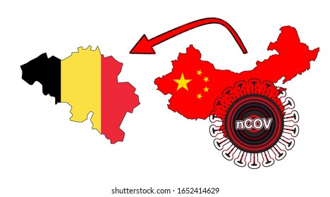 Coronavirus outbreak spreading all over Chine from Wuhan city of China. Coronavirus outbreak spread from China to Belgium. Flag highlight within the countr map.